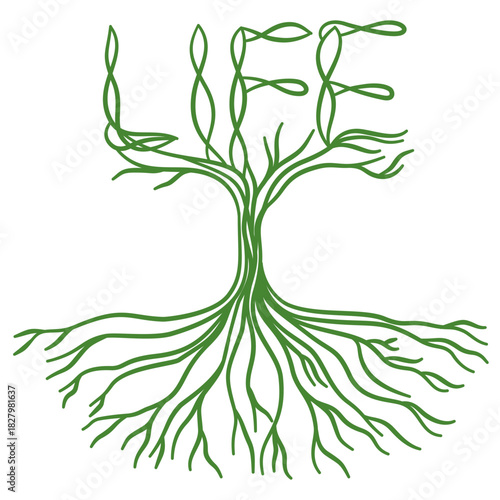Green tree trunk and root system forming the word LIFE nature graphic