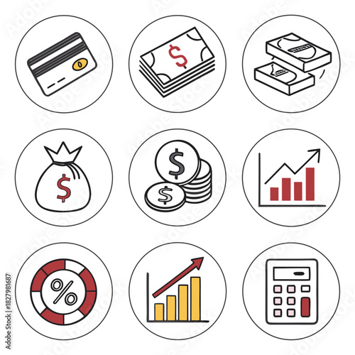 Financial and business icons with money and graphs finance credit card