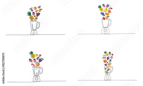 Blender illustration with colorful fruits and healthy smoothie ingredients in line art style
