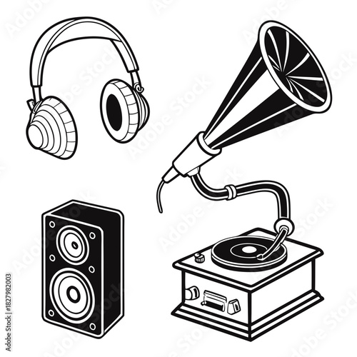 Vintage Audio Equipment Icons Set Black And White Line Art music sound