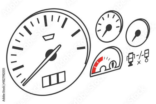 Automotive Dashboard Gauges and Icons Line Art Illustration speedometer tachometer