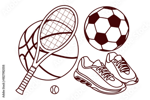 Sports Gear Outline Basketball Soccer Tennis Shoes and Balls soccer ball tennis racket
