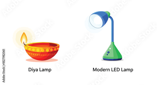 A comparison between traditional diya lamp and a modern led lamp illustration