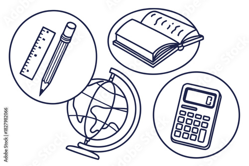 Circular Icons Of School Supplies On White Background Keywords: school, education, supplies, learning