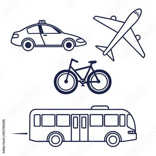 Various vehicles and modes of transport icons on white background transportation travel
