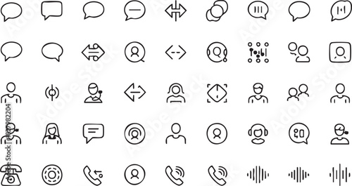 Communication and customer support line icon set featuring chat bubbles headsets and user avatars