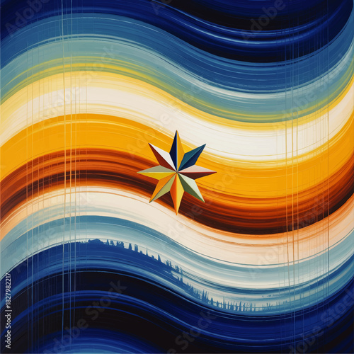 Colorful compass star on abstract wavy blue yellow and orange striped background, modern nautical navigation art for design
