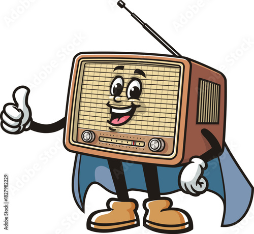 Radio mascot cartoon in superhero style