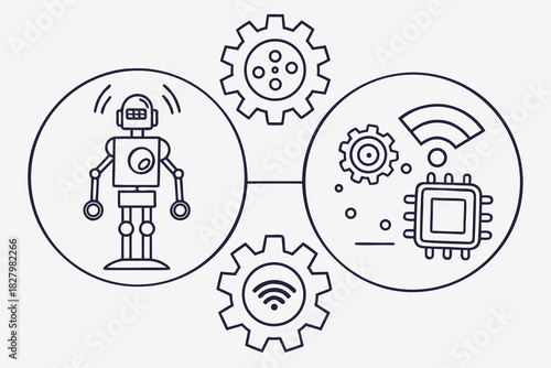 Robot And Technology Icons With Wireless And CPU Keywords: robot, technology, automation, wireless