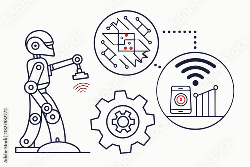 Robot And Technology Icons With Wireless Connection Keywords: robot, technology, automation, wireless