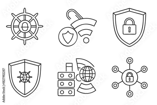 Security and Technology Icons Steering Wheel Wifi Server and Network Symbols vector