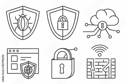 Cybersecurity Icons Shield Bug Lock Cloud Network Firewall and Web Browser Keywords: cybersecurity