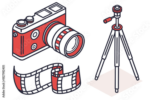 Red vintage camera, film strip, and tripod on white background photography