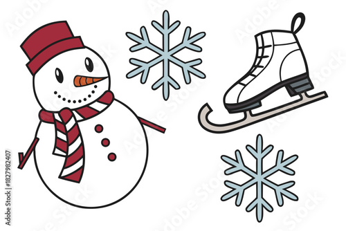 Snowman Ice Skates Snowflakes Winter Theme Outline Illustration cold