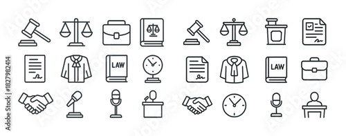 Legal icons: gavel, scales, documents, law book, briefcase, microphone, podium, handshake