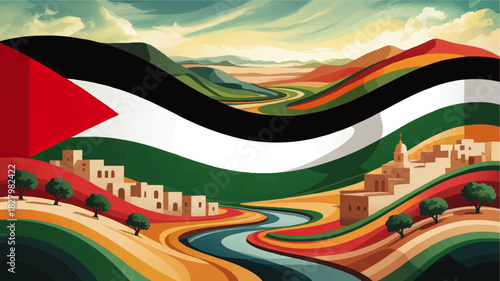 Palestine flag flowing over abstract landscape with traditional village, river valley, colorful hills and symbolic Middle East scenery