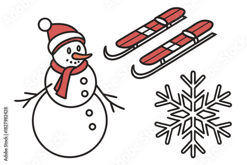 Snowman Sleds and Snowflake Winter Icons on White Background vector illustration