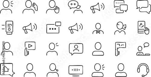 Hand drawn user communication and marketing icon set with megaphones and speaking avatars