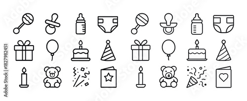 Baby and party icon set: rattles, bottles, gifts, and balloons in line art style