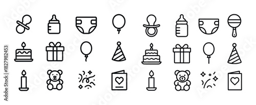 Baby celebration icons set including bottle, diaper, cake, gifts, teddy, candle, balloons