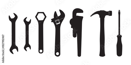 Collection of essential hand tools: assorted wrenches, adjustable wrench, pipe wrench, hammer, and screwdriver. Vector
