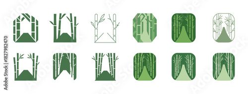 Stylized bamboo and mountain icons in various shades of green