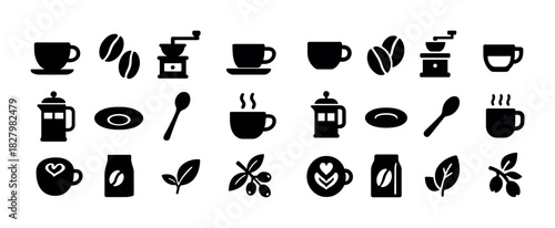 Coffee icons set: cups, grinders, beans, french press, cups, bags, leaves