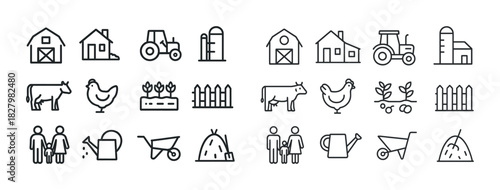 Farm icons set: barn, tractor, livestock, agriculture tools, plants