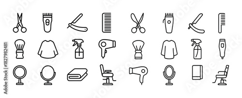 Barber and hair salon icon set: scissors, razors, hairdryer, mirror, comb