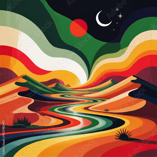Vibrant surreal desert landscape with colorful river, abstract mountains and cosmic night sky with crescent moon and stars illustration