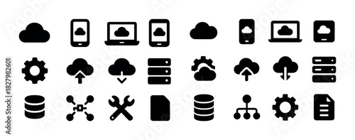 Cloud technology icons set: devices, servers, data, network, tools