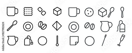 Minimalist coffee icon set: mugs, spoons, sugar, pitchers, tea bags
