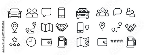 Transportation and communication icons: cars, smartphones, maps, fuel pumps, wallets, people, speech bubbles