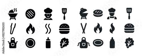 Barbecue icons set featuring grill, chef, burger, and cooking utensils