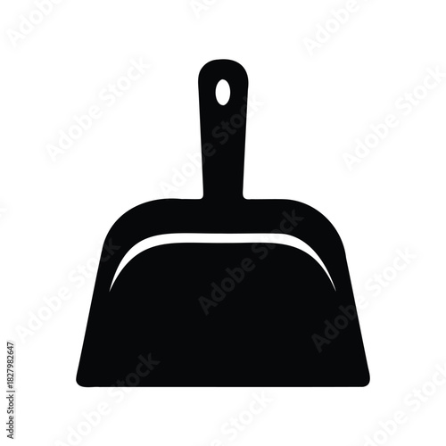 A simple black and white illustration of a dustpan on white background