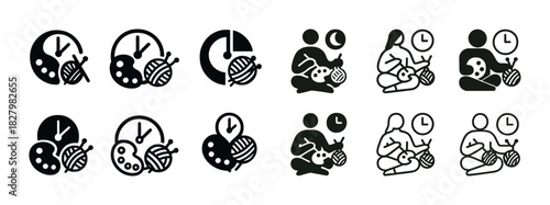 Knitting icons set with clock and yarn elements
