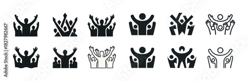 Set of black icon designs with people and raised hands