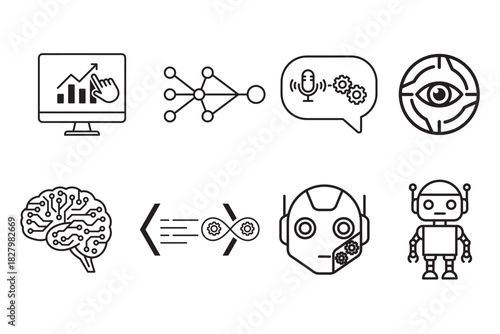 Artificial Intelligence and Robotics Line Icons Set: Machine Learning, Neural Network, AI Voice Assistant, Big Data Analysis, Robot, Brain Chip, and Deep Learning