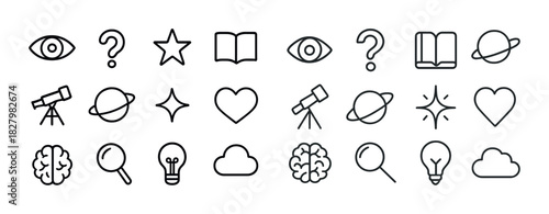 Minimalist icon set featuring astronomy, science, and learning symbols in line design