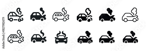 Icon set of car accidents: various styles and designs