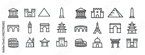 Icon set of global landmarks including eiffel tower and pyramids
