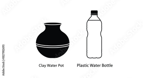 Simple illustration of a clay pot and a plastic water bottle side by side