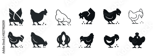 Set of twelve chicken silhouettes peaking at grains