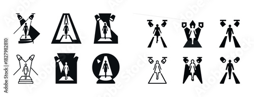 Silhouette fashion show icons: male and female models on runway