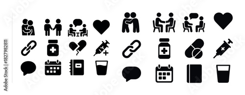Set of medical and relationship icons: heart, pills, calendar, speech, syringe, pills, people