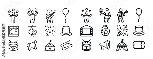 Circus icons of performers, balloons, and tents in black and white line art
