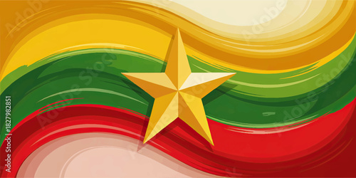 Myanmar flag abstract background with golden star, yellow green red paint brush strokes, patriotic Asia country illustration