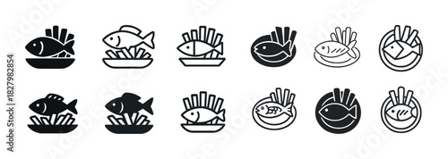 Set of fish and chips icons in various styles