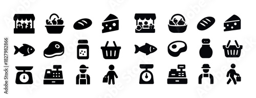 Market icons: fruits, cheese, bread, fish, scale, cashier, shoppers, vendors