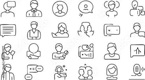 User profile and communication line icon set featuring business avatars and chat bubbles